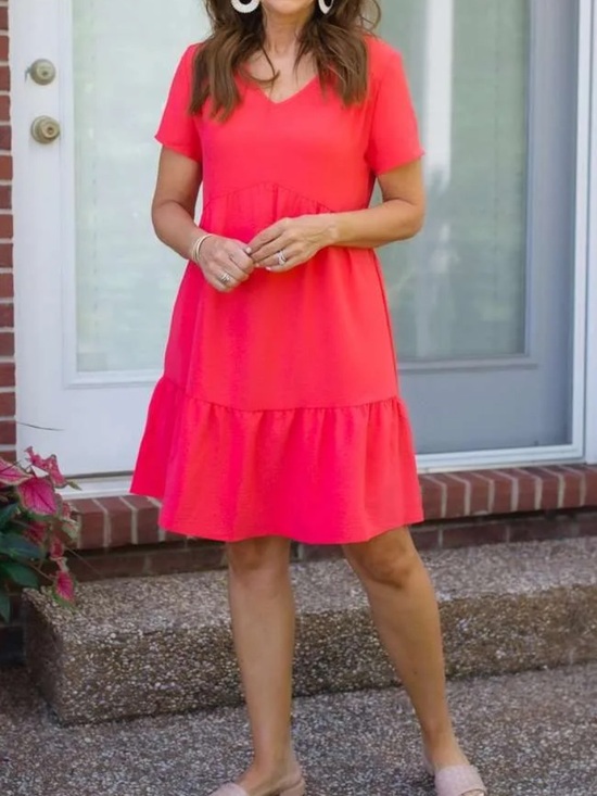 SHEIN Dresses & Skirts - Bright Coral V-Neck Ruffle Hem Dress. Sz Lg.